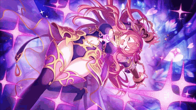 a girl in a purple outfit is surrounded by pink and blue stars
