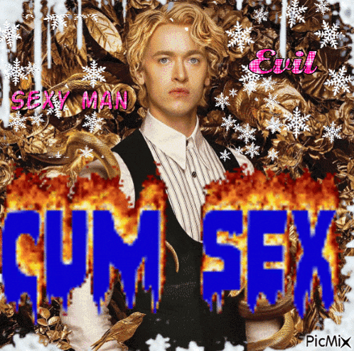 a picture of a man with the words cum sex written on it
