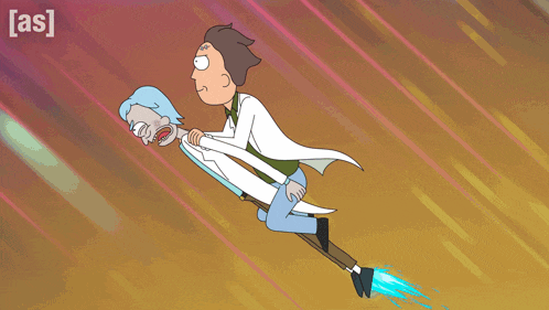 a cartoon of rick and morty flying through the air with the letters a and s below them