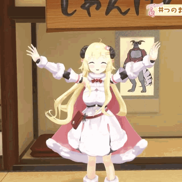 a girl in a white dress with horns is standing in front of a sign that says ' sheep '