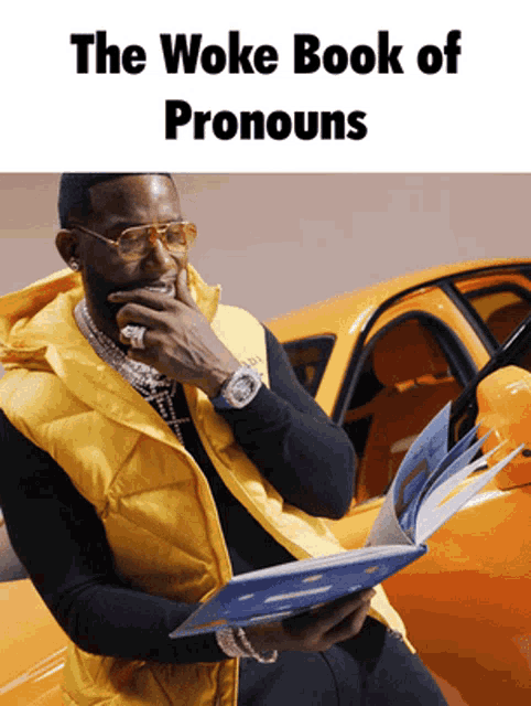 a man in a yellow vest is reading a book about pronouns