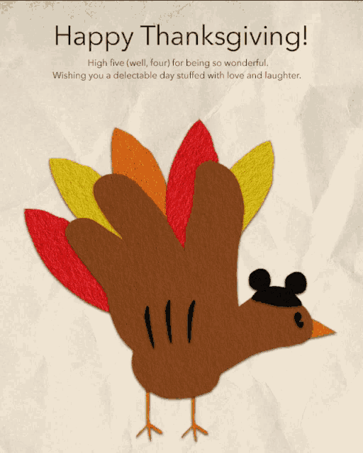 a happy thanksgiving card with a turkey wearing a mickey hat