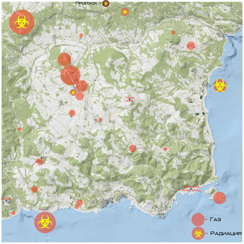 a map of a foreign country has a red circle with a biohazard symbol in the middle
