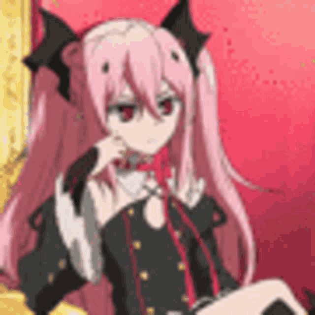 a girl with long pink hair and black horns is sitting on a throne .