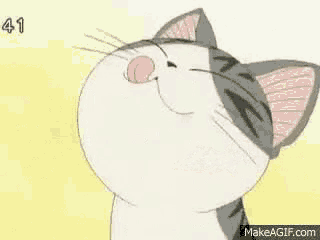 a close up of a cartoon cat with its tongue out and its eyes closed .