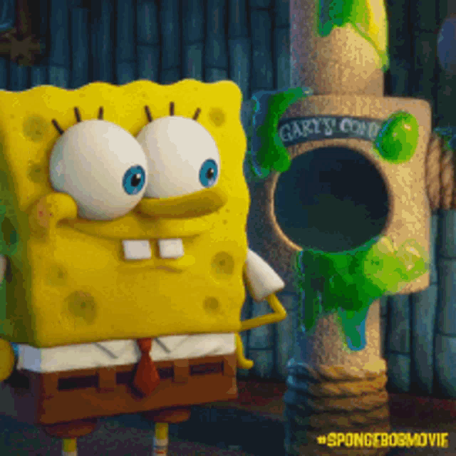a picture of spongebob standing next to a pole that says gary 's company