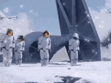a group of stormtroopers are standing in front of a tie fighter