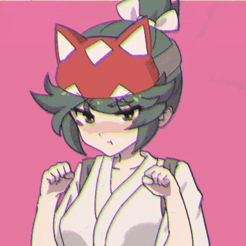 a drawing of a girl with green hair wearing a cat mask