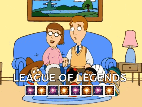 a cartoon of a family sitting on a couch with the words " league of legends " above them