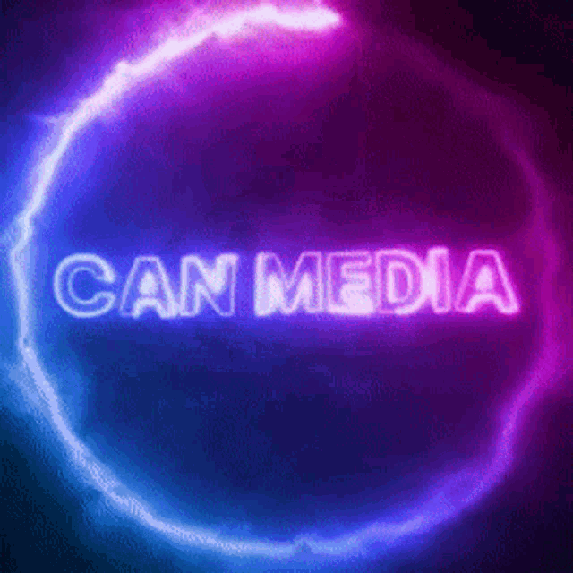 a neon sign that says can media in the middle of a circle