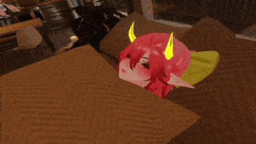 a girl with red hair and yellow horns is drinking a cup of coffee