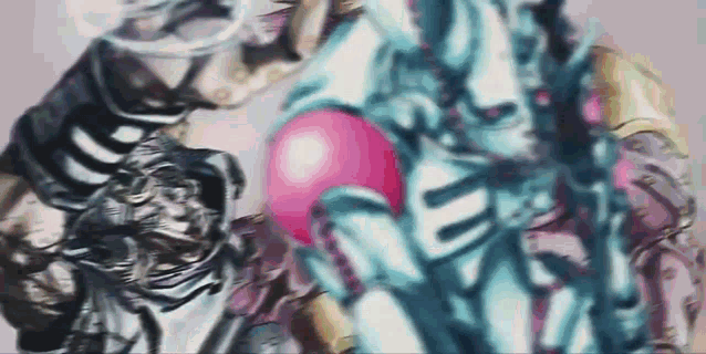 a close up of a cartoon character with a pink ball on his head .
