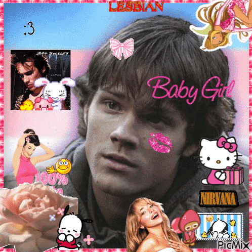 a picture of a man with a hello kitty and nirvana sticker on it