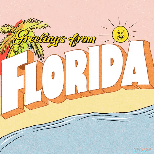a poster that says greetings from florida with a rainbow and sun