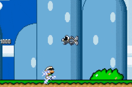 a video game screen shows a fish flying in the air and a score of 1000
