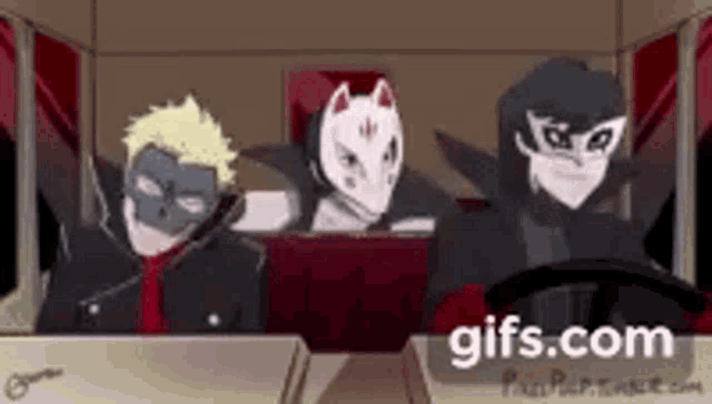 a group of cartoon characters wearing masks are sitting in a bus .