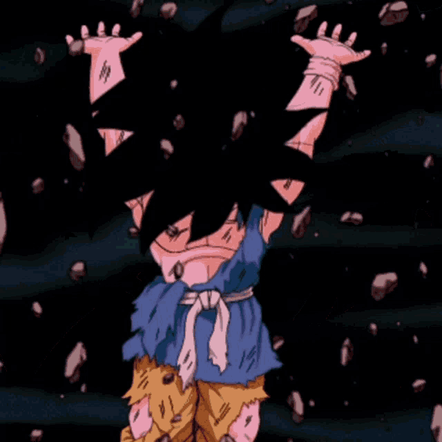 a cartoon character is flying in the air with a large blue circle behind him
