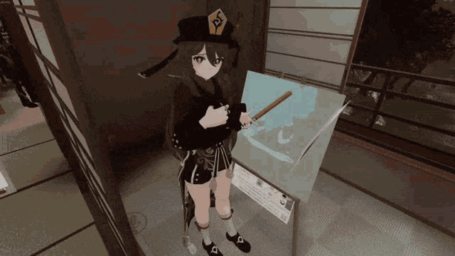 a girl with a hat that has the letter p on it is holding a stick