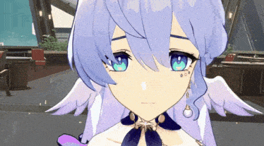 a close up of a cartoon character 's face with purple hair and blue eyes