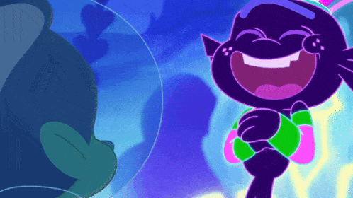 a cartoon character is laughing while holding a microphone