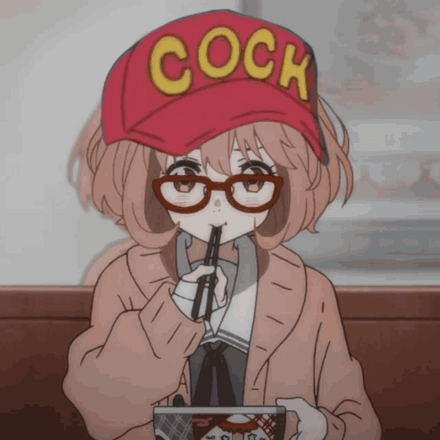 a girl with glasses and a hat that says cock on it
