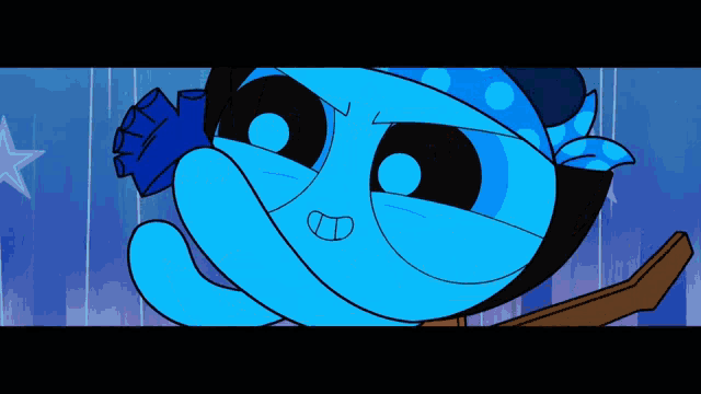a blue cartoon character is wearing a bandana