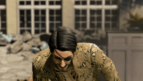 a man wearing a snakeskin jacket and eye patch looks down