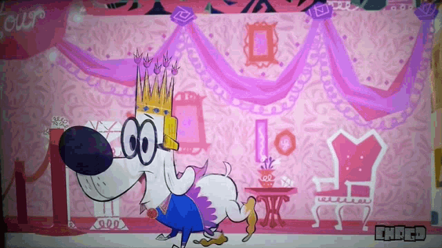 a cartoon of a dog wearing a crown with the word cheed on the bottom left