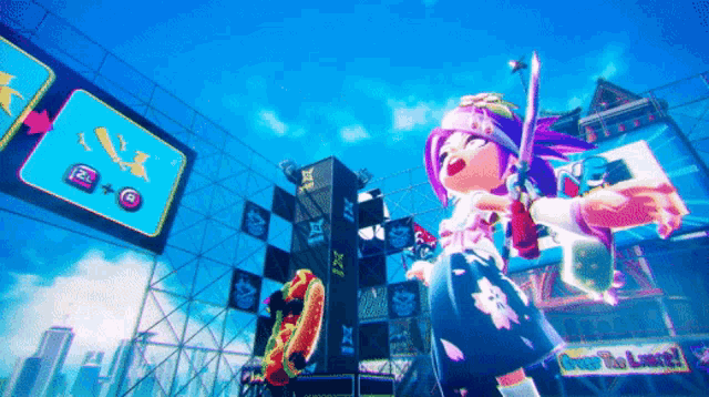 a girl with a sword is standing in front of a sign that says over the limit