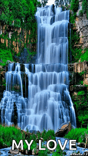 a picture of a waterfall with the words " my love " on the bottom