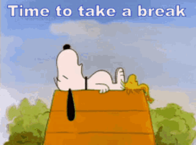a cartoon of snoopy laying on top of a wooden house with the words " time to take a break " above him