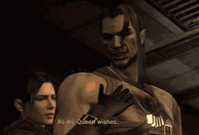 a screenshot of a video game with the words as my queen wishes at the bottom