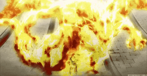 a person is surrounded by flames and smoke while standing on a brick floor .