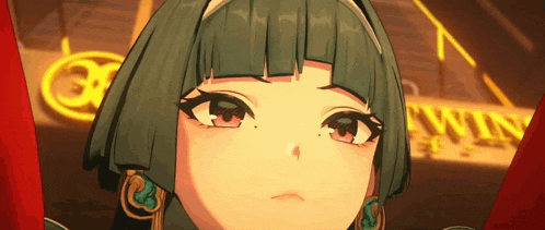 a close up of a girl 's face with green hair and red eyes .