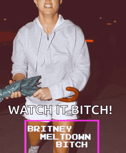 a woman holding an umbrella with the words watch it bitch on the bottom