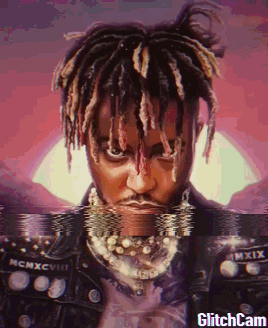 a glitchcam image of a man with dreadlocks and a pearl necklace