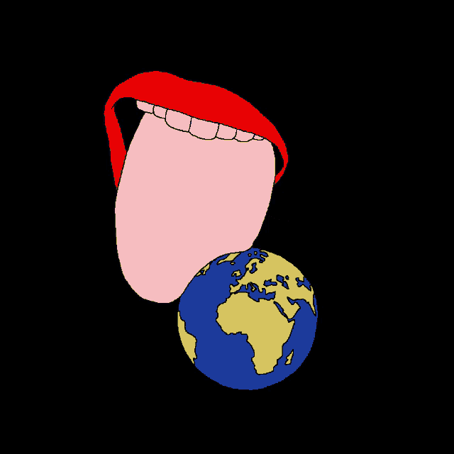 a cartoon of a person 's tongue sticking out and a globe in the background