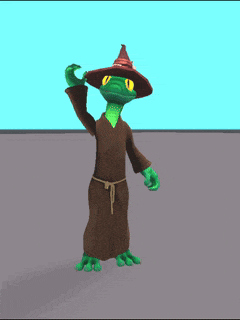 a frog wearing a brown robe and a red hat
