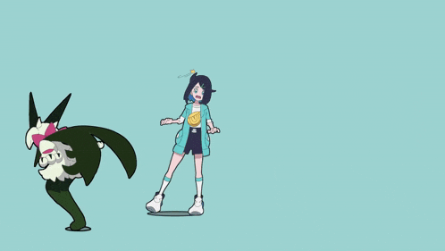 a cartoon drawing of a girl standing next to a green and white monster