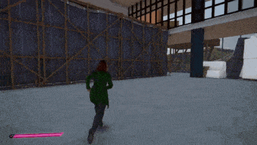 a woman in a video game is standing on a wooden wall