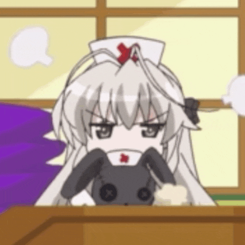 a girl in a nurse 's hat is holding a stuffed bunny rabbit .