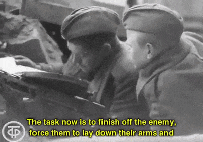 a black and white photo of two soldiers with the words " the task now is to finish off the enemy "