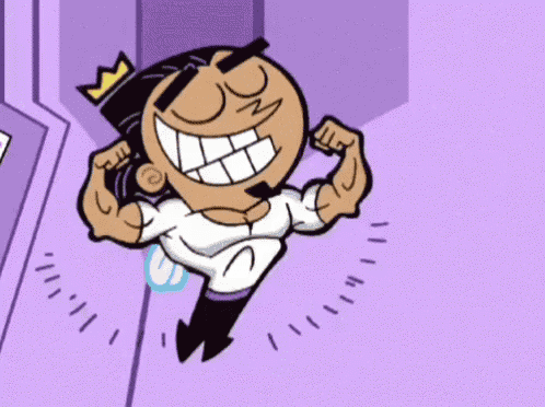 a cartoon character is flexing his muscles while wearing a crown .