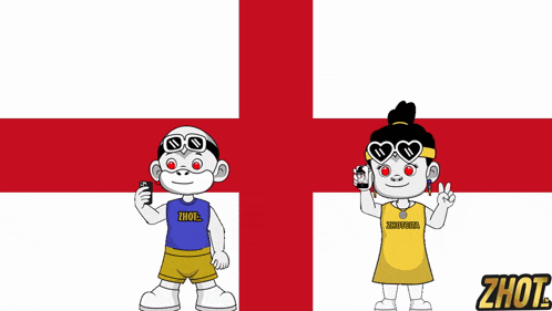 a boy and a girl are standing in front of a red white and blue cross with the word zhout on the bottom right