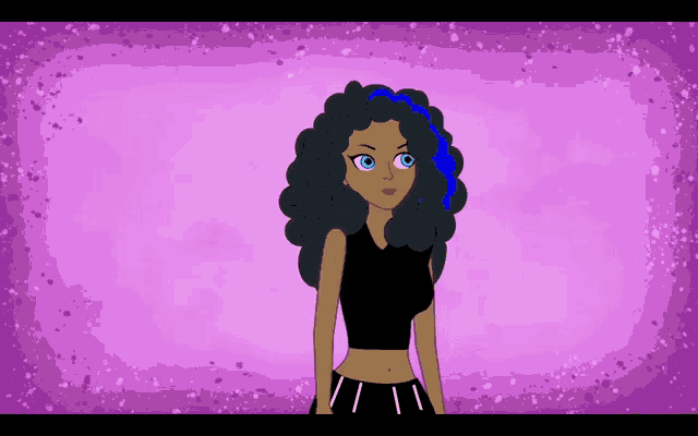 a cartoon girl with curly hair and blue hair is standing in front of a purple background