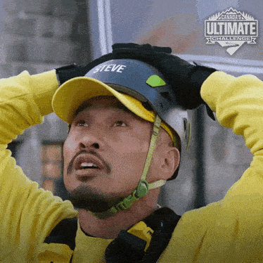 a man wearing a helmet with steve on it
