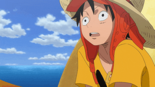 a cartoon character wearing a straw hat and a yellow shirt looks out over the ocean