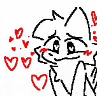 a black and white drawing of a cat with red hearts surrounding it