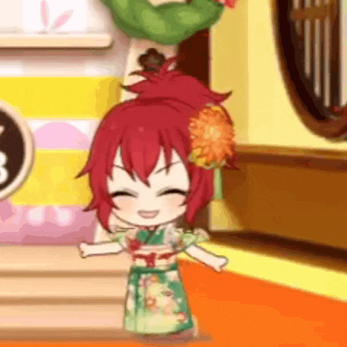a little girl with red hair is standing in a room wearing a kimono .