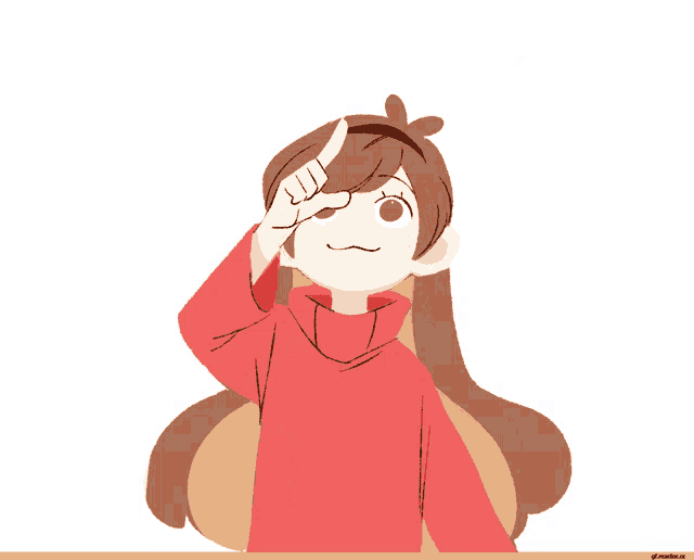 a cartoon girl in a red sweater is surrounded by hearts